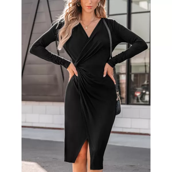 imageCUPSHE Womens Midi Dress V Neck Pleated Twisted Long Sleeve Wrap Bodycon Party Cocktail DressesBlack