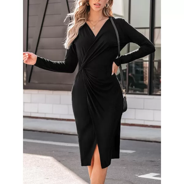 imageCUPSHE Womens Midi Dress V Neck Pleated Twisted Long Sleeve Wrap Bodycon Party Cocktail DressesBlack