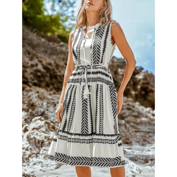 imageCUPSHE Womens Midi Dress V Neck Sleeveless Self Tie Waist Ruffled Striped Tassel Summer Casual DressBlack Striped