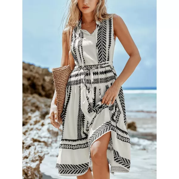imageCUPSHE Womens Midi Dress V Neck Sleeveless Self Tie Waist Ruffled Striped Tassel Summer Casual DressBlack Striped