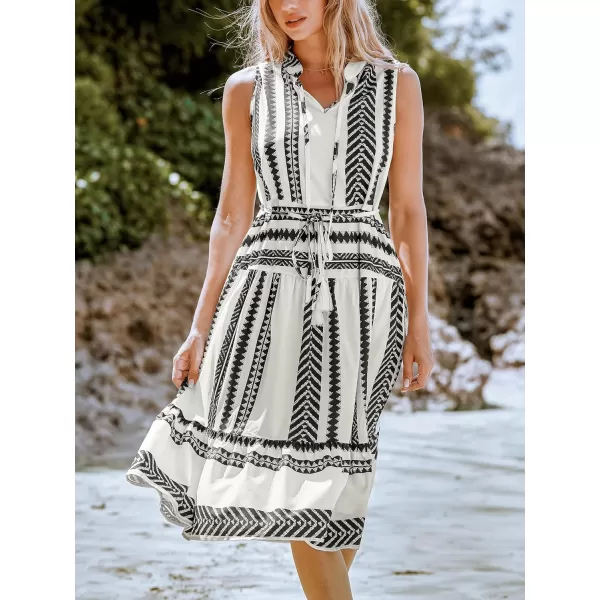 imageCUPSHE Womens Midi Dress V Neck Sleeveless Self Tie Waist Ruffled Striped Tassel Summer Casual DressBlack Striped