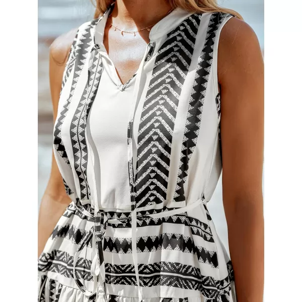 imageCUPSHE Womens Midi Dress V Neck Sleeveless Self Tie Waist Ruffled Striped Tassel Summer Casual DressBlack Striped