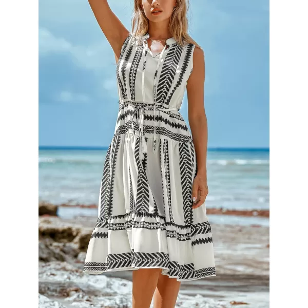 imageCUPSHE Womens Midi Dress V Neck Sleeveless Self Tie Waist Ruffled Striped Tassel Summer Casual DressBlack Striped