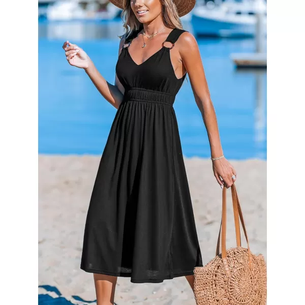 imageCUPSHE Womens Midi Dress V Neck Wide Straps Sleeveless Ruched Waist Knit A Line Long Summer DressBlack