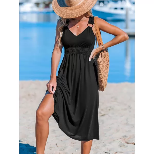imageCUPSHE Womens Midi Dress V Neck Wide Straps Sleeveless Ruched Waist Knit A Line Long Summer DressBlack