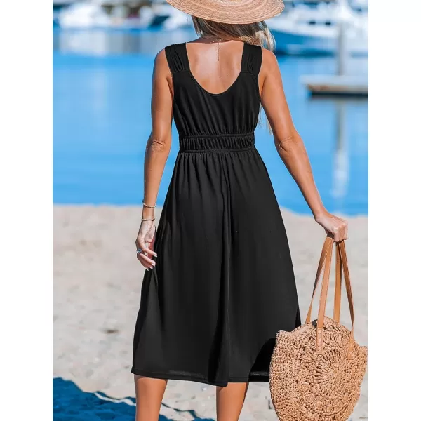 imageCUPSHE Womens Midi Dress V Neck Wide Straps Sleeveless Ruched Waist Knit A Line Long Summer DressBlack