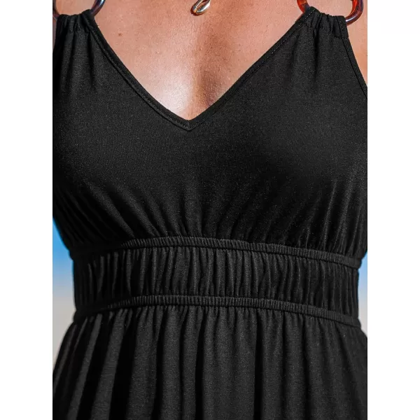 imageCUPSHE Womens Midi Dress V Neck Wide Straps Sleeveless Ruched Waist Knit A Line Long Summer DressBlack