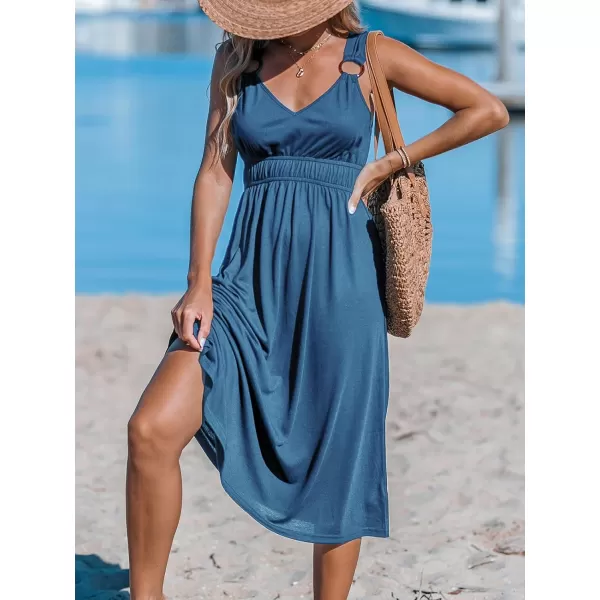 imageCUPSHE Womens Midi Dress V Neck Wide Straps Sleeveless Ruched Waist Knit A Line Long Summer DressNavy Blue