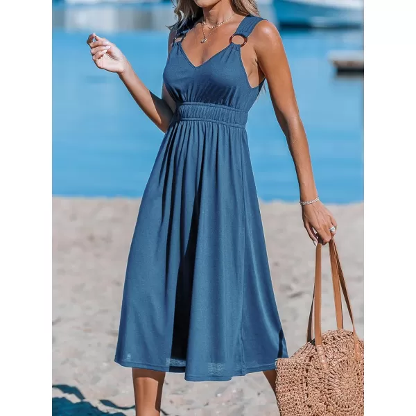 imageCUPSHE Womens Midi Dress V Neck Wide Straps Sleeveless Ruched Waist Knit A Line Long Summer DressNavy Blue