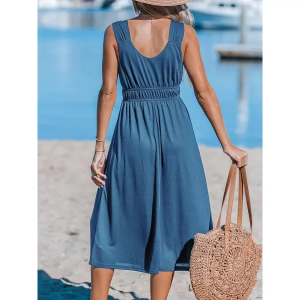imageCUPSHE Womens Midi Dress V Neck Wide Straps Sleeveless Ruched Waist Knit A Line Long Summer DressNavy Blue