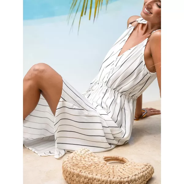 imageCUPSHE Womens Midi Dress VNeckline Sleeveless Vertical Striped Waist Tie Dress Casual Summer DressWhite