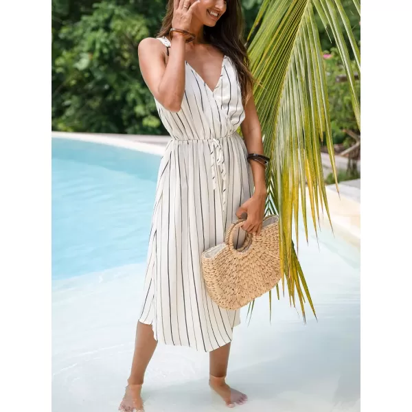 imageCUPSHE Womens Midi Dress VNeckline Sleeveless Vertical Striped Waist Tie Dress Casual Summer DressWhite