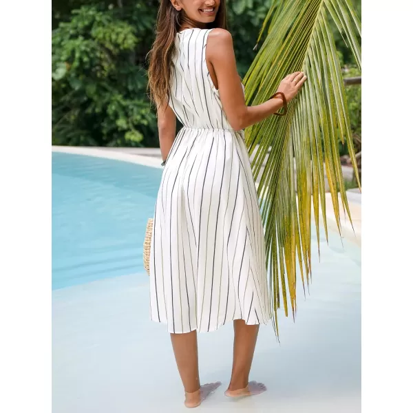 imageCUPSHE Womens Midi Dress VNeckline Sleeveless Vertical Striped Waist Tie Dress Casual Summer DressWhite