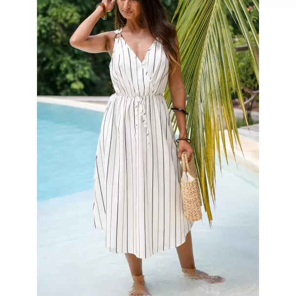imageCUPSHE Womens Midi Dress VNeckline Sleeveless Vertical Striped Waist Tie Dress Casual Summer DressWhite
