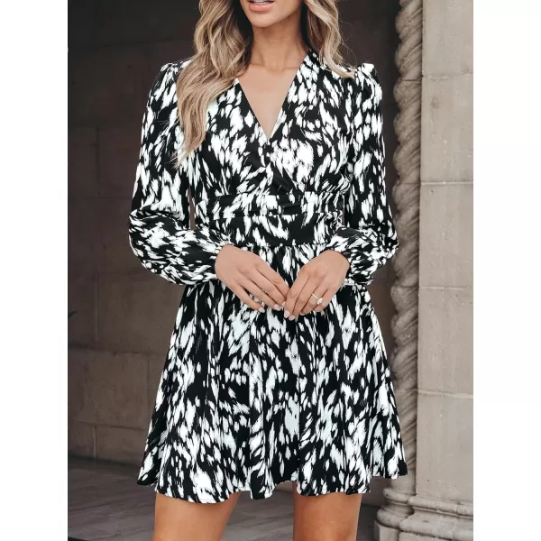 imageCUPSHE Womens Mini Dress Abstract Print V Neck Long Sleeve Banded Ruched Waist A Line Short Casual DressesBlack