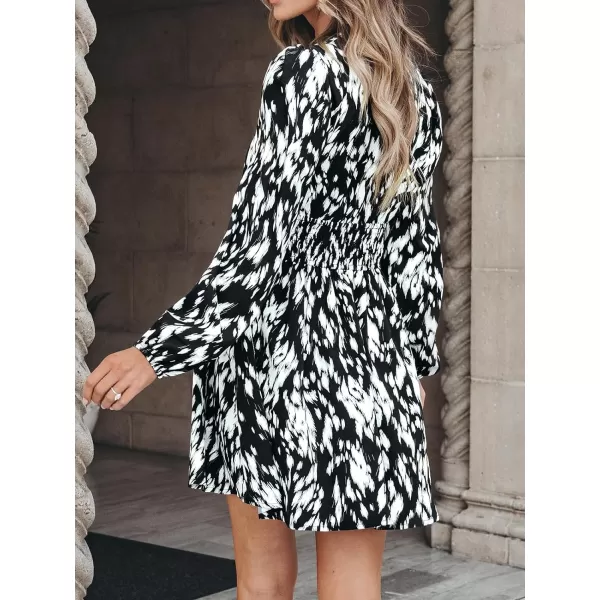 imageCUPSHE Womens Mini Dress Abstract Print V Neck Long Sleeve Banded Ruched Waist A Line Short Casual DressesBlack