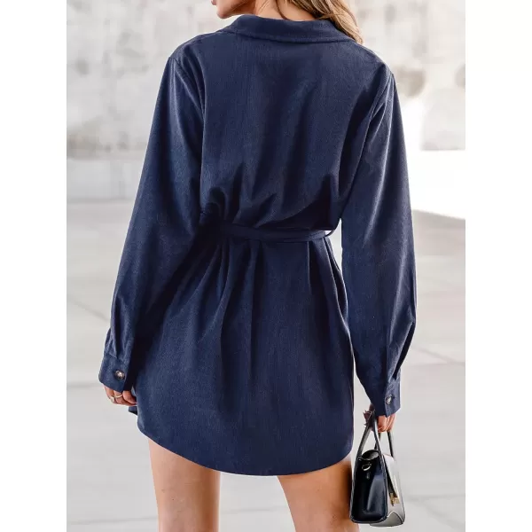 imageCUPSHE Womens Mini Dress Belted Button Corduroy Long Sleeve Short A Line Shirt DressBlue