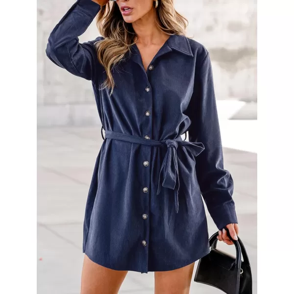 imageCUPSHE Womens Mini Dress Belted Button Corduroy Long Sleeve Short A Line Shirt DressBlue