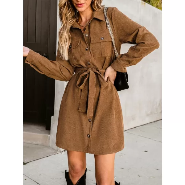imageCUPSHE Womens Mini Dress Belted Faux Suede ButtonFront Long Sleeve A Line Short Casual DressesBrown