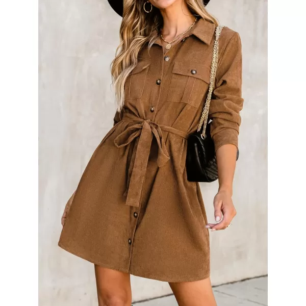imageCUPSHE Womens Mini Dress Belted Faux Suede ButtonFront Long Sleeve A Line Short Casual DressesBrown