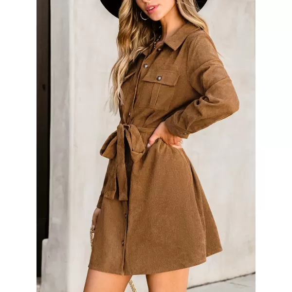 imageCUPSHE Womens Mini Dress Belted Faux Suede ButtonFront Long Sleeve A Line Short Casual DressesBrown