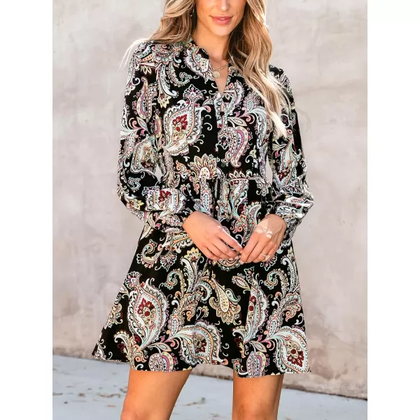 imageCUPSHE Womens Mini Dress Belted Paisley Print Button Boho Long Sleeve A Line Short Casual DressesBlack Paisley
