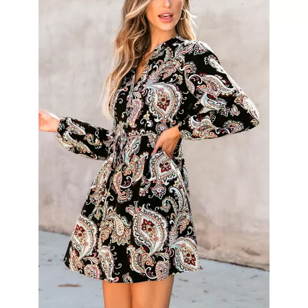 imageCUPSHE Womens Mini Dress Belted Paisley Print Button Boho Long Sleeve A Line Short Casual DressesBlack Paisley
