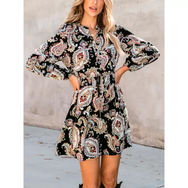 imageCUPSHE Womens Mini Dress Belted Paisley Print Button Boho Long Sleeve A Line Short Casual DressesBlack Paisley