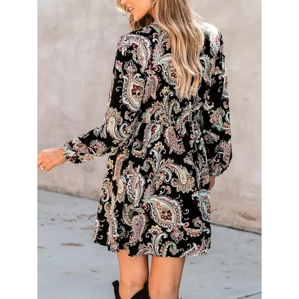 imageCUPSHE Womens Mini Dress Belted Paisley Print Button Boho Long Sleeve A Line Short Casual DressesBlack Paisley