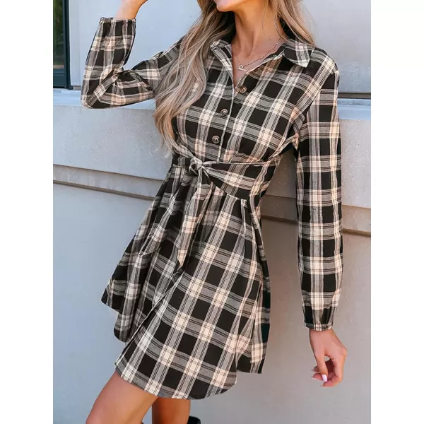 imageCUPSHE Womens Mini Dress Belted Plaid Button Front Long Sleeve V Neck Fitted A Line Short Casual DressesBlack