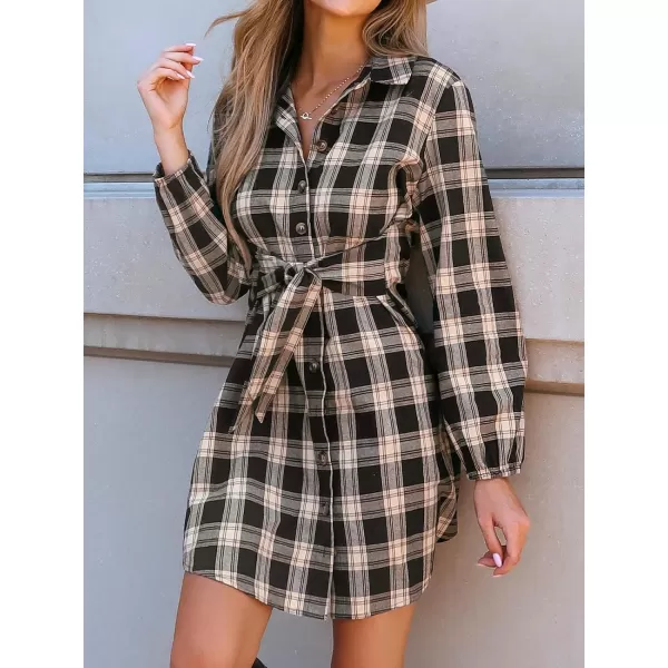 imageCUPSHE Womens Mini Dress Belted Plaid Button Front Long Sleeve V Neck Fitted A Line Short Casual DressesBlack