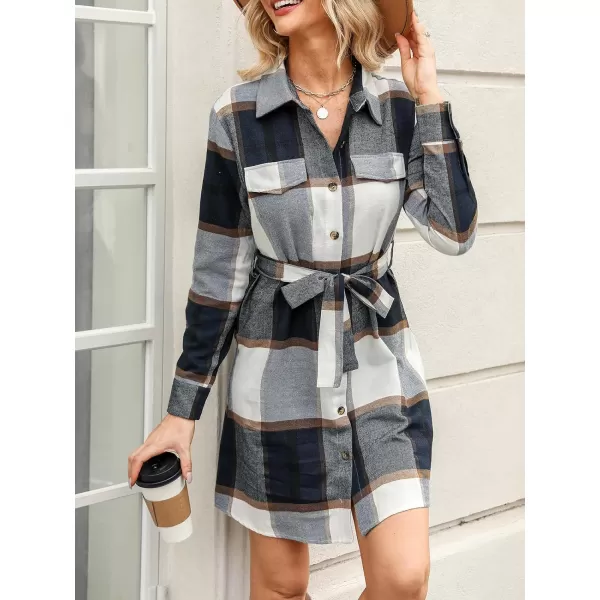 imageCUPSHE Womens Mini Dress Belted Plaid ButtonFront Casual Long Sleeve Short A Line DressNavy Plaid