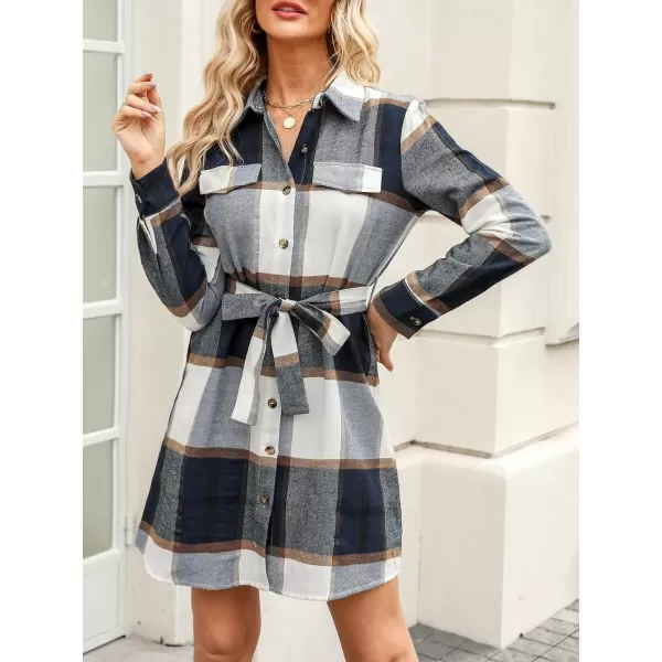 imageCUPSHE Womens Mini Dress Belted Plaid ButtonFront Casual Long Sleeve Short A Line DressNavy Plaid