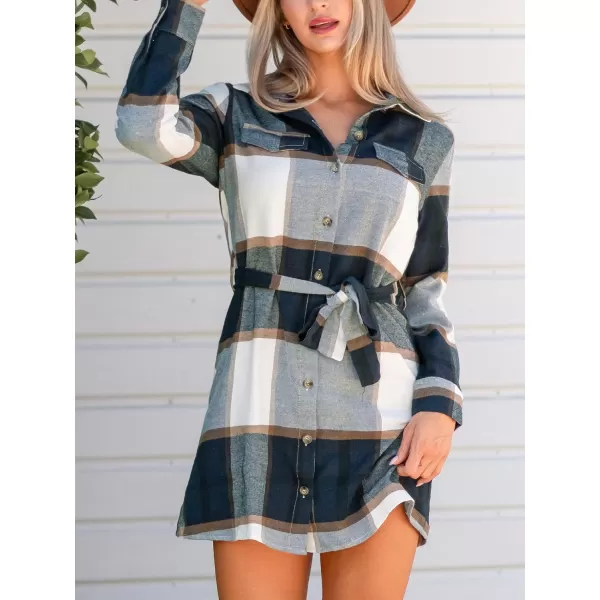 imageCUPSHE Womens Mini Dress Belted Plaid ButtonFront Casual Long Sleeve Short A Line DressNavy Plaid