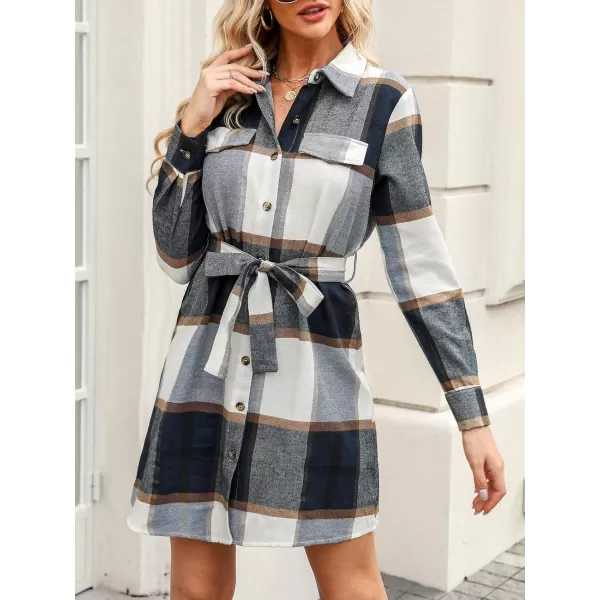 imageCUPSHE Womens Mini Dress Belted Plaid ButtonFront Casual Long Sleeve Short A Line DressNavy Plaid