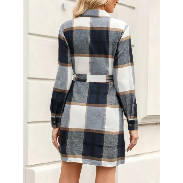 imageCUPSHE Womens Mini Dress Belted Plaid ButtonFront Casual Long Sleeve Short A Line DressNavy Plaid