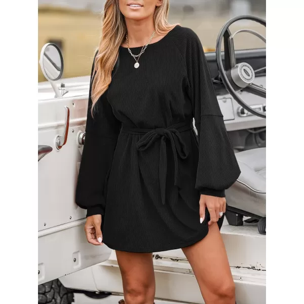 imageCUPSHE Womens Mini Dress Boat Neck Belted Long Sleeve Ribbed Knit A Line Short Casual DressesBlack