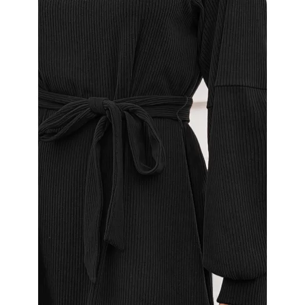 imageCUPSHE Womens Mini Dress Boat Neck Belted Long Sleeve Ribbed Knit A Line Short Casual DressesBlack