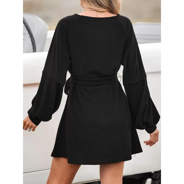 imageCUPSHE Womens Mini Dress Boat Neck Belted Long Sleeve Ribbed Knit A Line Short Casual DressesBlack