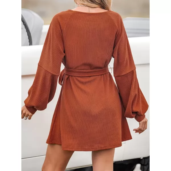 imageCUPSHE Womens Mini Dress Boat Neck Belted Long Sleeve Ribbed Knit A Line Short Casual DressesOrange