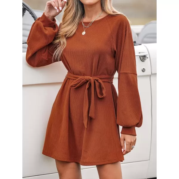 imageCUPSHE Womens Mini Dress Boat Neck Belted Long Sleeve Ribbed Knit A Line Short Casual DressesOrange