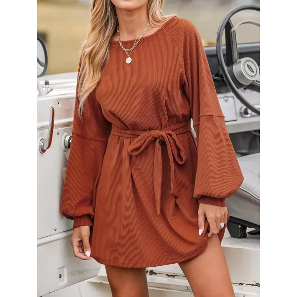 imageCUPSHE Womens Mini Dress Boat Neck Belted Long Sleeve Ribbed Knit A Line Short Casual DressesOrange