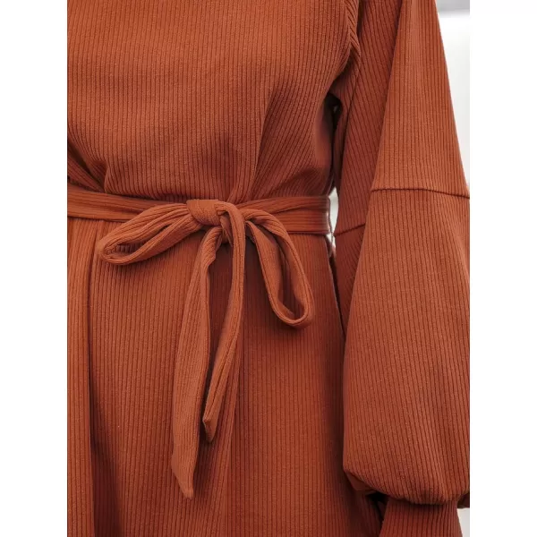 imageCUPSHE Womens Mini Dress Boat Neck Belted Long Sleeve Ribbed Knit A Line Short Casual DressesOrange