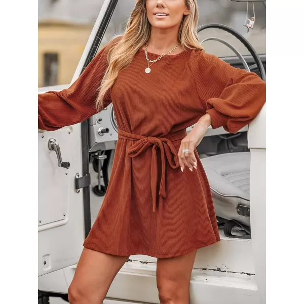 imageCUPSHE Womens Mini Dress Boat Neck Belted Long Sleeve Ribbed Knit A Line Short Casual DressesOrange