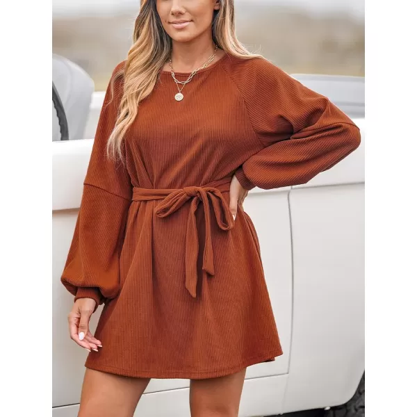imageCUPSHE Womens Mini Dress Boat Neck Belted Long Sleeve Ribbed Knit A Line Short Casual DressesOrange