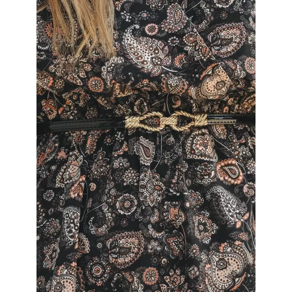 imageCUPSHE Womens Mini Dress Boho Floral Print V Neck Long Sleeve Knotted Belted A Line Short Casual DressesBlack Paisley