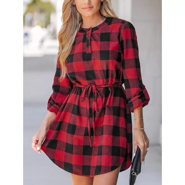 imageCUPSHE Womens Mini Dress Button Front Plaid Round Neck Long Sleeve Belted Dolphin Hem A Line Short Casual DressesRed Plaid