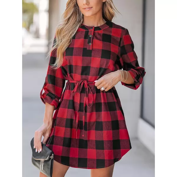 imageCUPSHE Womens Mini Dress Button Front Plaid Round Neck Long Sleeve Belted Dolphin Hem A Line Short Casual DressesRed Plaid