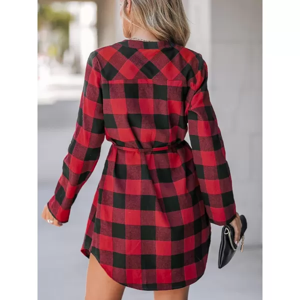 imageCUPSHE Womens Mini Dress Button Front Plaid Round Neck Long Sleeve Belted Dolphin Hem A Line Short Casual DressesRed Plaid