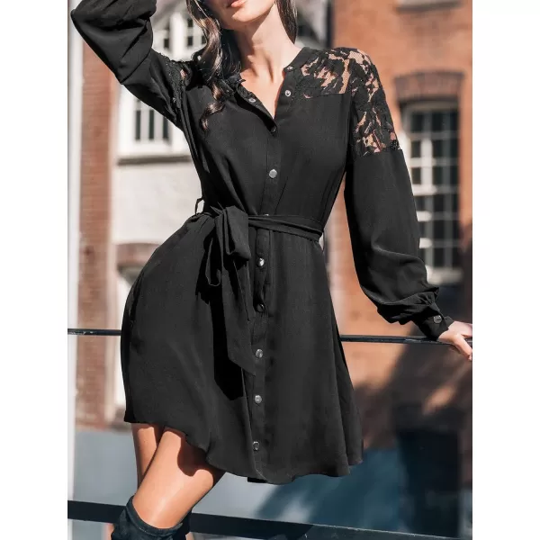 imageCUPSHE Womens Mini Dress Button Front Sheer Neck Lace Appliques Belted Long Sleeve Dolphin Hem Casual A Line DressBlack